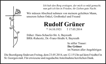 Anzeige von Rudolf Grüner von Nordbayerischer Kurier