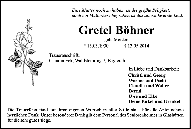  Traueranzeige für Gretel Böhner vom 20.05.2014 aus Nordbayerischer Kurier