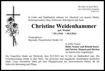 Anzeige von Christine Weidenhammer von Nordbayerischer Kurier