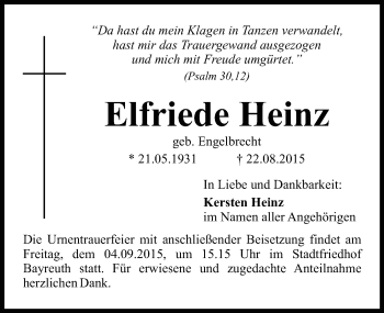 Anzeige von Elfriede Heinz von Nordbayerischer Kurier