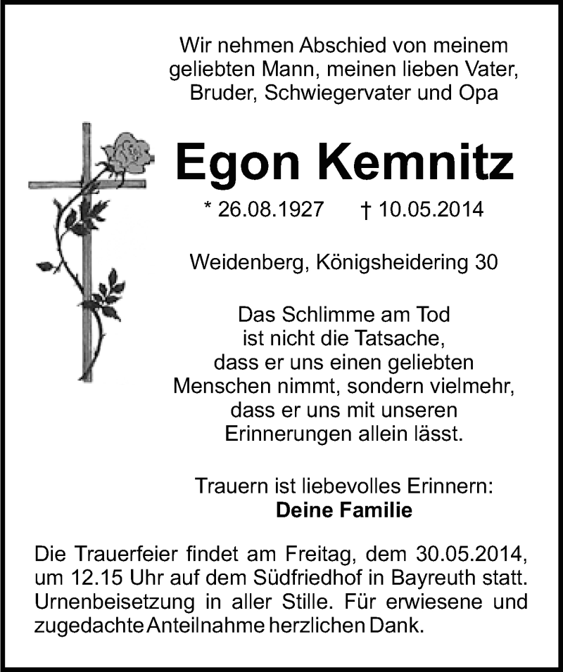  Traueranzeige für Egon Kemnitz vom 24.05.2014 aus Nordbayerischer Kurier