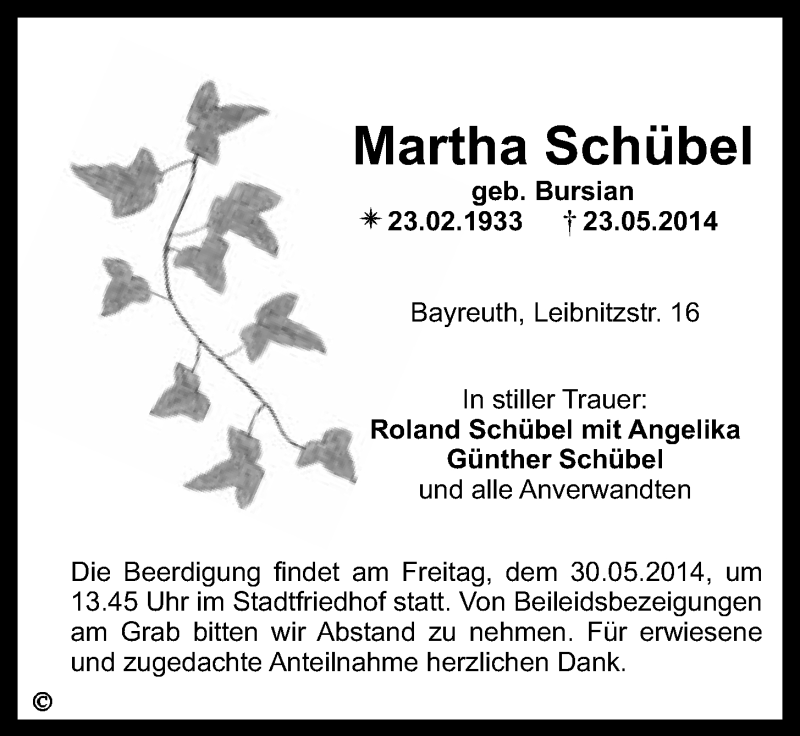  Traueranzeige für Martha Schübel vom 26.05.2014 aus Nordbayerischer Kurier