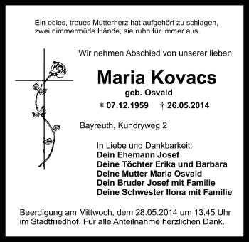 Anzeige von Maria Kovacs von Nordbayerischer Kurier