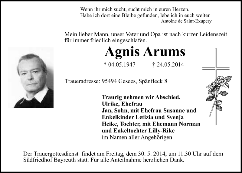  Traueranzeige für Agnis Arums vom 28.05.2014 aus Nordbayerischer Kurier