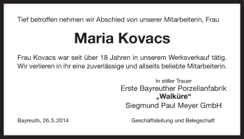 Anzeige von Maria Kovacs von Nordbayerischer Kurier