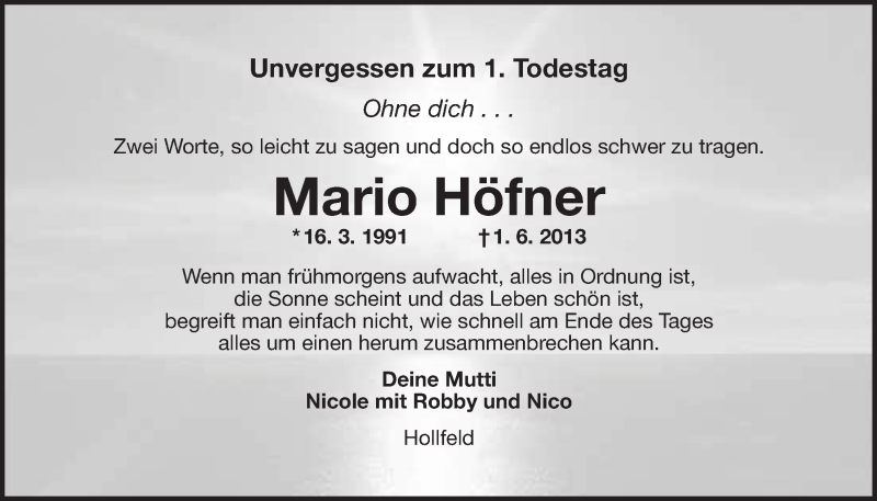  Traueranzeige für Mario Höfner vom 31.05.2014 aus Nordbayerischer Kurier