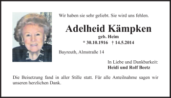 Anzeige von Adelheid Kämpken von Nordbayerischer Kurier