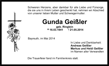 Anzeige von Gunda Geißler von Nordbayerischer Kurier