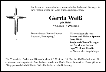 Anzeige von Gerda Weiß von Nordbayerischer Kurier