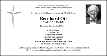 Anzeige von Bernhard Ott von Nordbayerischer Kurier
