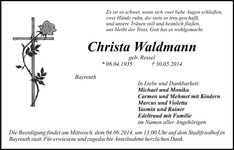  Traueranzeige für Christa Waldmann vom 03.06.2014 aus Nordbayerischer Kurier
