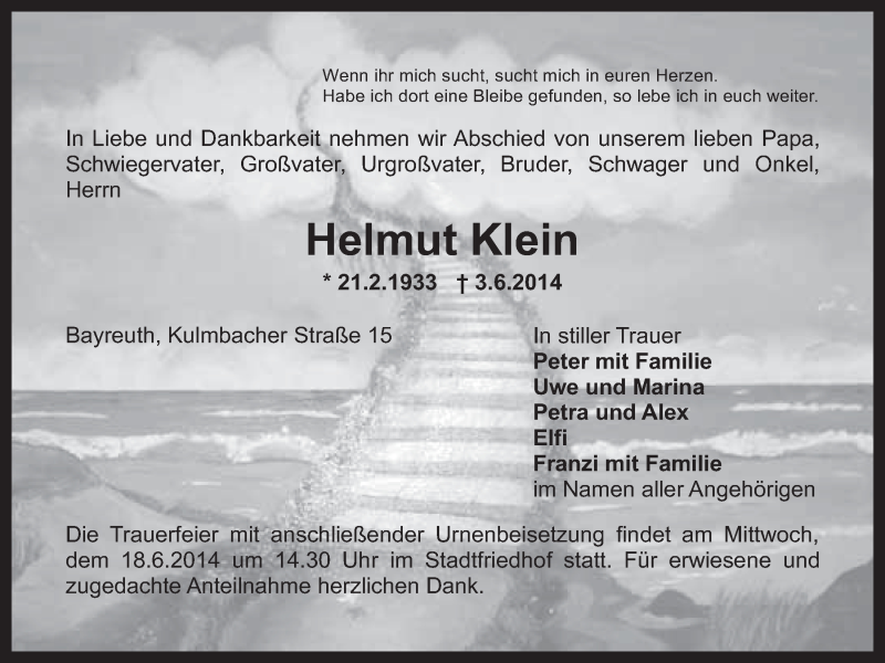  Traueranzeige für Helmut Klein vom 14.06.2014 aus Nordbayerischer Kurier