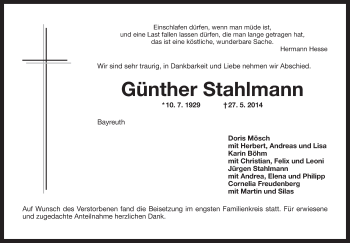 Anzeige von Günther Stahlmann von Nordbayerischer Kurier