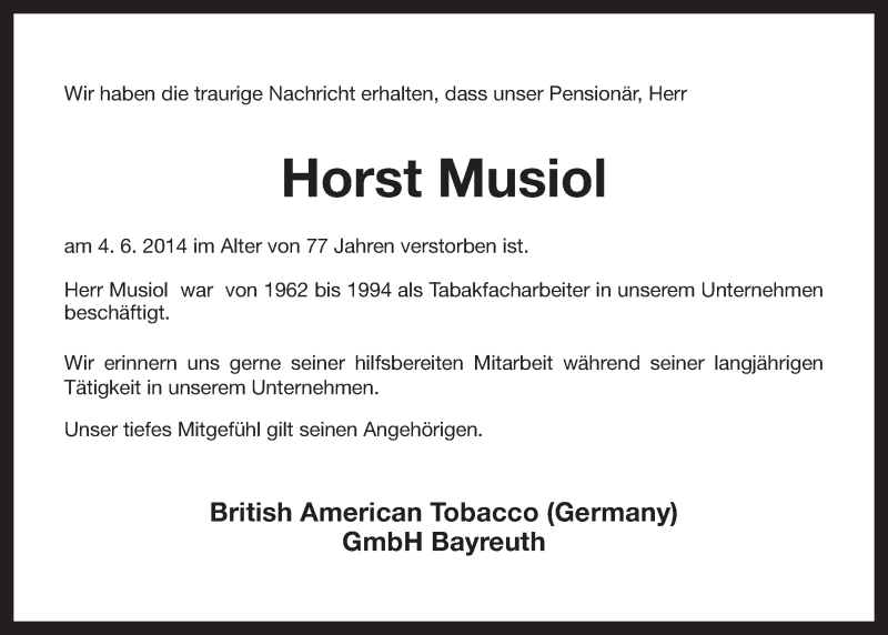  Traueranzeige für Horst Musiol vom 06.06.2014 aus Nordbayerischer Kurier