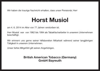 Anzeige von Horst Musiol von Nordbayerischer Kurier