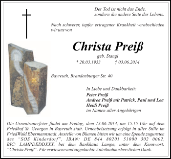 Anzeige von Christa Preiß von Nordbayerischer Kurier