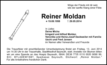 Anzeige von Reiner Moldan von Nordbayerischer Kurier