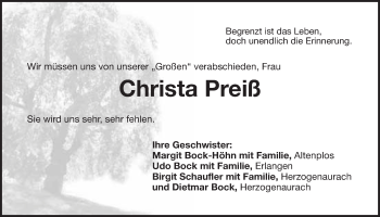 Anzeige von Christa Preiß von Nordbayerischer Kurier