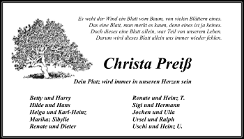 Anzeige von Christa Preiß von Nordbayerischer Kurier