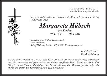 Anzeige von Margareta Hübsch von Nordbayerischer Kurier