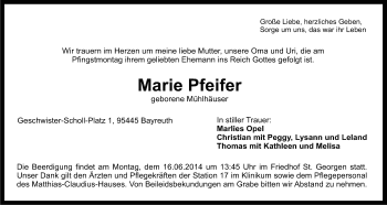 Anzeige von Marie Pfeifer von Nordbayerischer Kurier
