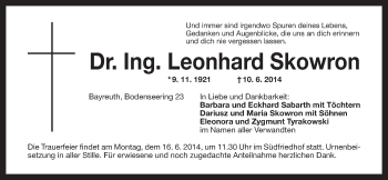 Anzeige von Leonhard Skowron von Nordbayerischer Kurier