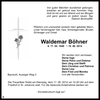 Anzeige von Waldemar Böhner von Nordbayerischer Kurier