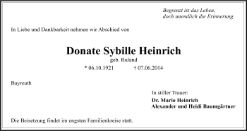 Anzeige von Donate Sybille Heinrich von Nordbayerischer Kurier