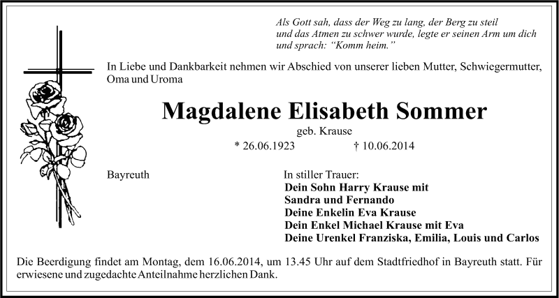  Traueranzeige für Magdalene Elisabeth Sommer vom 14.06.2014 aus Nordbayerischer Kurier