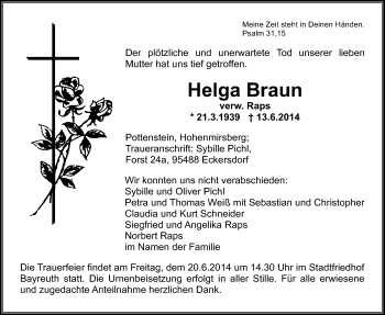 Anzeige von Helga Braun von Nordbayerischer Kurier
