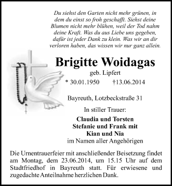 Anzeige von Brigitte Woidagas  von Nordbayerischer Kurier