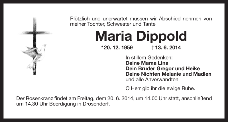  Traueranzeige für Maria Dippold  vom 18.06.2014 aus Nordbayerischer Kurier
