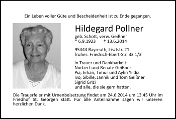 Anzeige von Hildegard Pollner  von Nordbayerischer Kurier