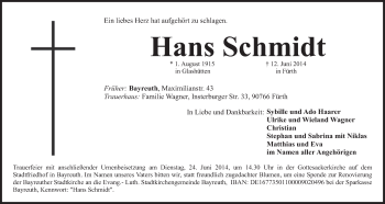 Anzeige von Hans Schmidt von Nordbayerischer Kurier