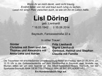 Anzeige von Lisl Döring von Nordbayerischer Kurier