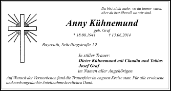 Anzeige von Anny  Kühnemund von Nordbayerischer Kurier