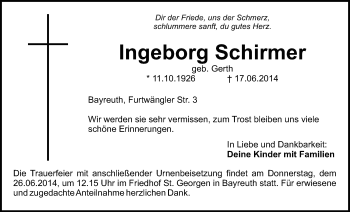 Anzeige von Ingeborg Schirmer von Nordbayerischer Kurier
