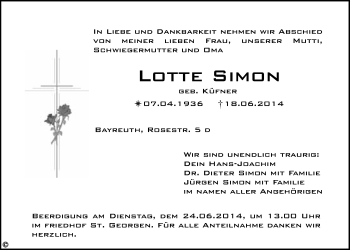 Anzeige von Lotte Simon von Nordbayerischer Kurier