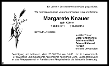 Anzeige von Margarete Knauer von Nordbayerischer Kurier