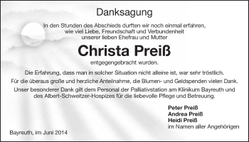 Anzeige von Christa Preiß von Nordbayerischer Kurier