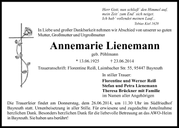 Anzeige von Annemarie Lienemann von Nordbayerischer Kurier
