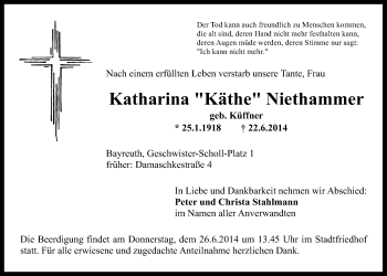 Anzeige von Katharina Niethammer von Nordbayerischer Kurier