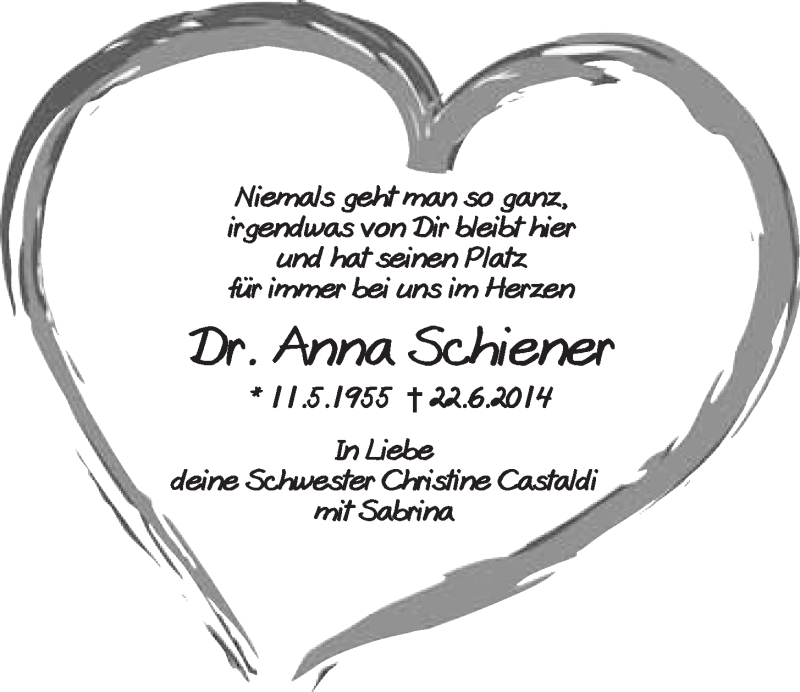  Traueranzeige für Anna Schiener vom 28.06.2014 aus Nordbayerischer Kurier