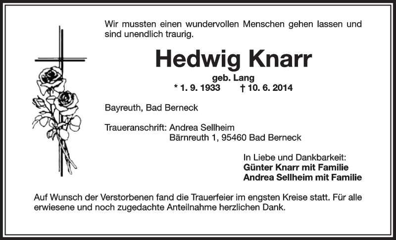  Traueranzeige für Hedwig Knarr vom 28.06.2014 aus Nordbayerischer Kurier