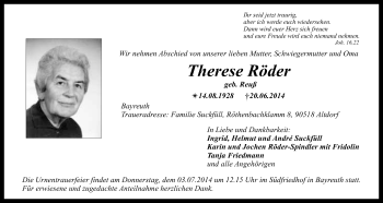 Anzeige von Therese Röder von Nordbayerischer Kurier