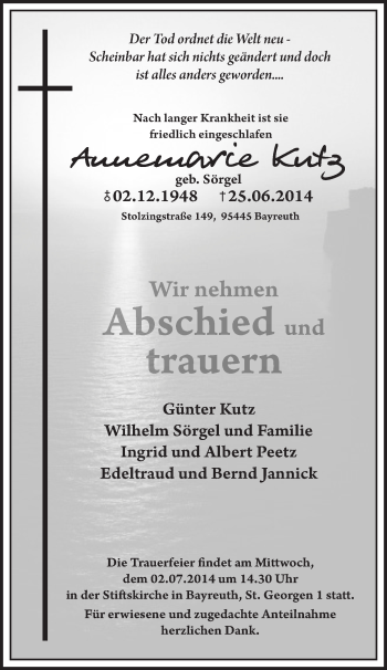 Anzeige von Annemarie Kutz von Nordbayerischer Kurier