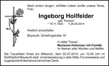 Anzeige von Ingeborg Hollfelder von Nordbayerischer Kurier