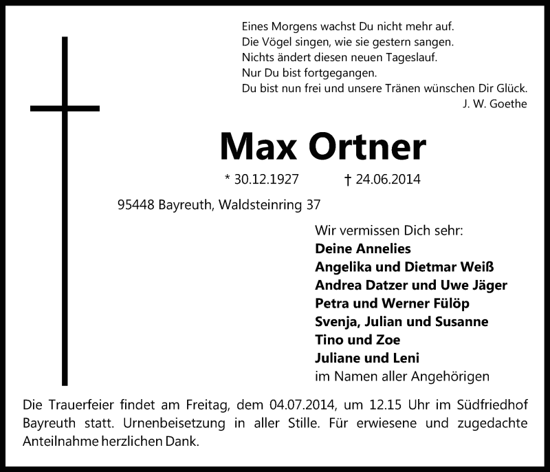 Traueranzeige für Max Ortner vom 28.06.2014 aus Nordbayerischer Kurier