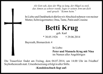 Anzeige von Betti Krug von Nordbayerischer Kurier