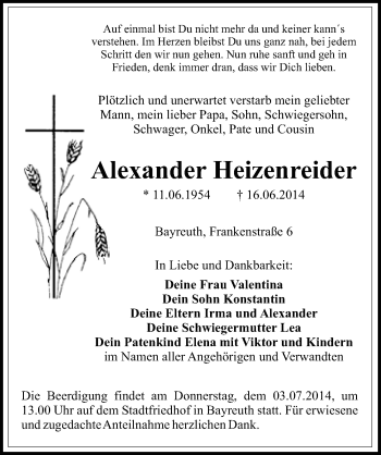 Anzeige von Alexander Heizenreider von Nordbayerischer Kurier